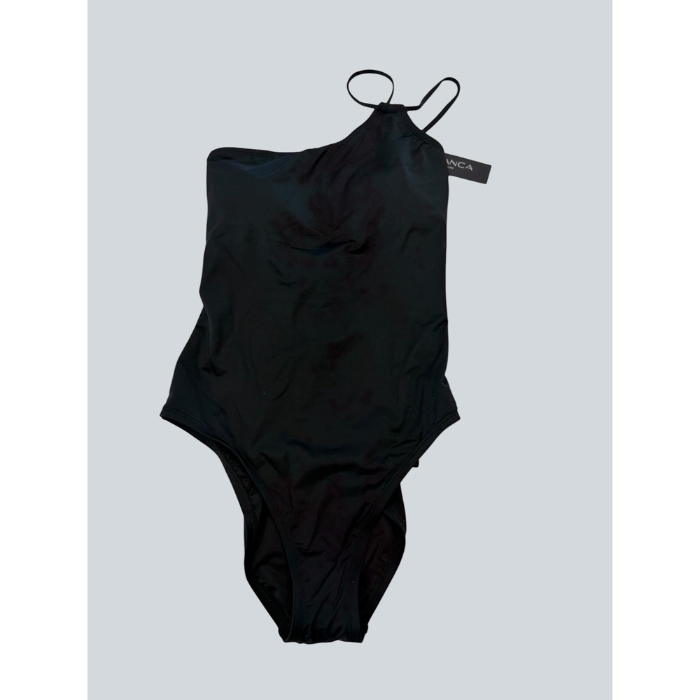 La Blanca Womens One‎ Shoulder Lace Up Back Tummy Control Swimsuit Black 8 NWT